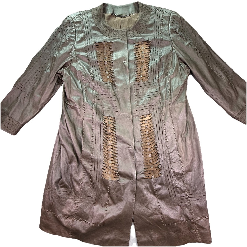 Elie Tahari Long Leather Jacket Cecilia Brown 1X Lattice Cut Designer Boho Chic